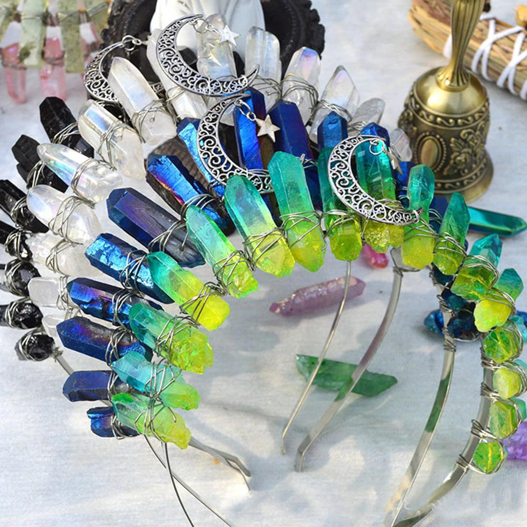 Raw quartz crystal tiara with clear, blue, green, and black points, silver crescent moons, and stars.