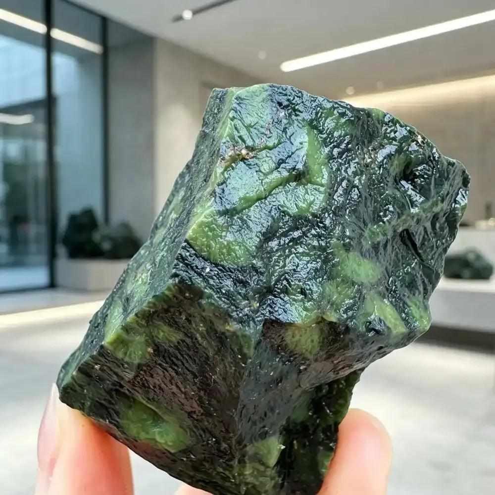 Raw Kambaba Jasper stone featuring deep green and black orb patterns, perfect for grounding and heart chakra healing.