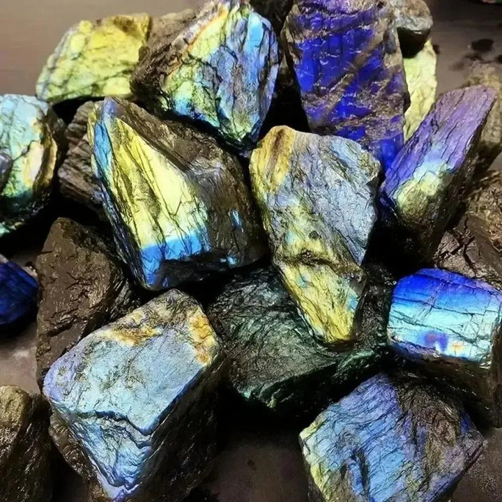 Raw Labradorite rough crystals from Crystal Destiny, showing vibrant blue, green, and gold labradorescence.