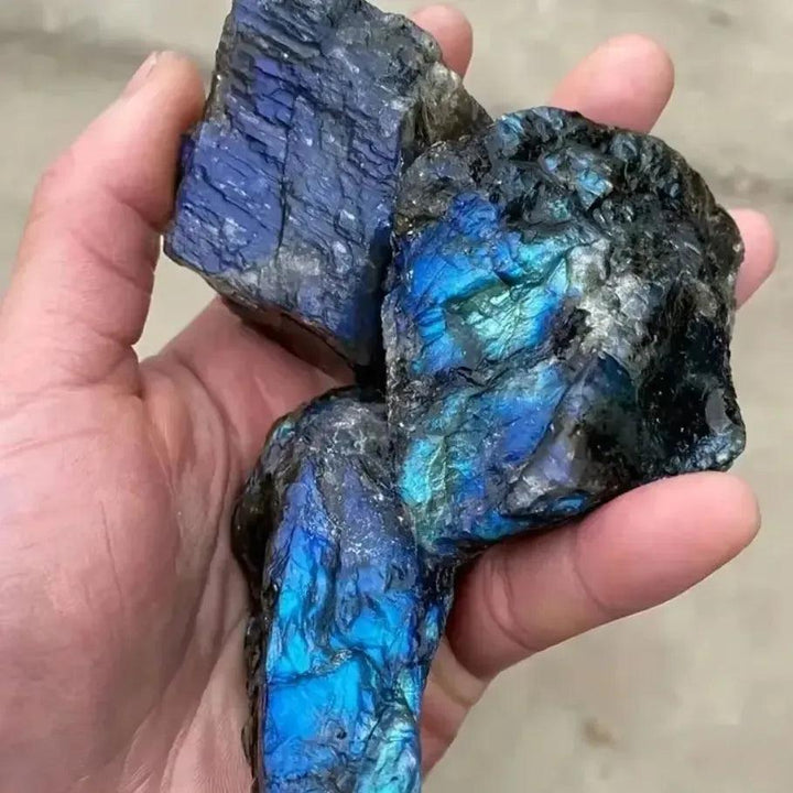 Hand holding raw Labradorite rough crystals with vibrant blue and green labradorescence from Crystal Destiny.