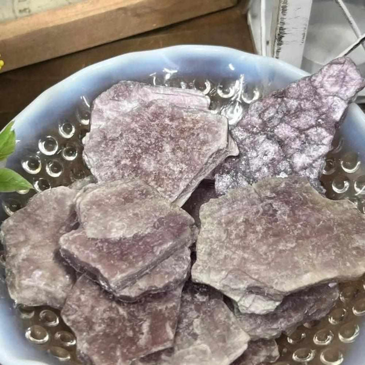 Raw Lepidolite slice with glittering purple and pink mica, perfect for calming energy and chakra balancing.