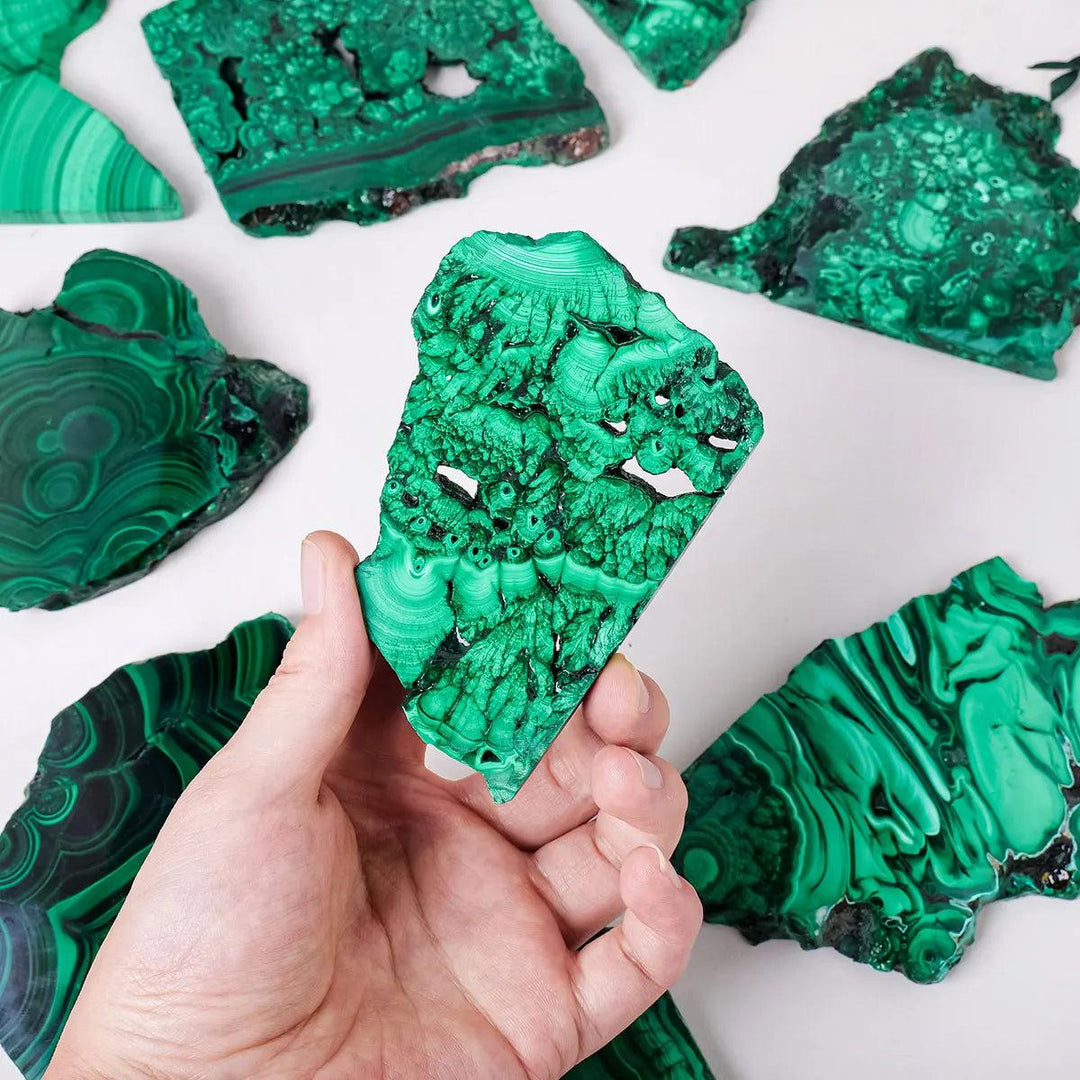 Hand holding a raw Malachite piece featuring vivid green bands and eye-like rings for Heart Chakra transformation.