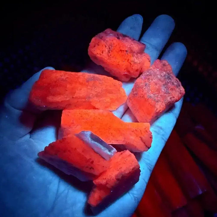 Raw pink Kunzite stones glowing vibrant orange under UV light, showcasing natural, unpolished texture for Heart chakra healing.
