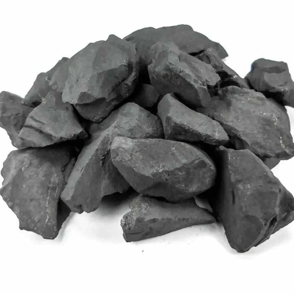 Raw Shungite stones with a matte black, unpolished natural surface for protection and root chakra grounding.
