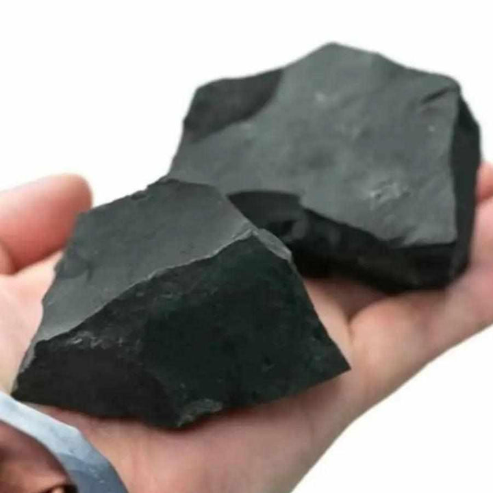 Raw Shungite pieces with a matte black, natural surface held in a hand for root chakra protection and purification.