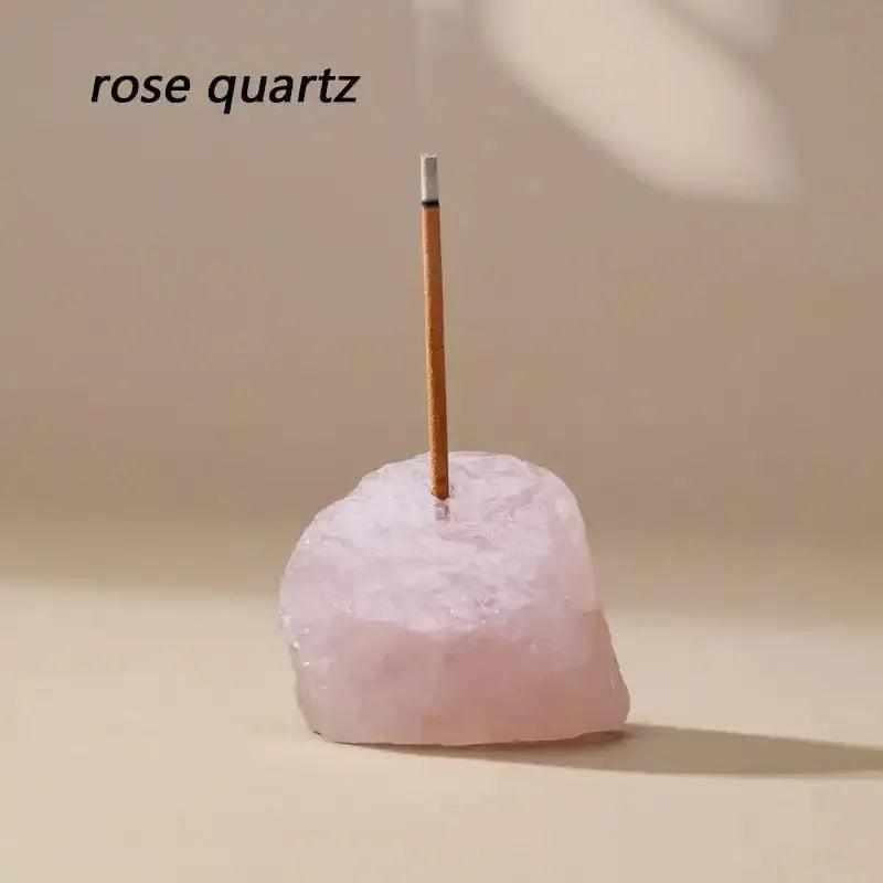 Raw Stone Incense Holder in soft pink rose quartz, featuring a rough-textured, irregular design for mindful rituals.