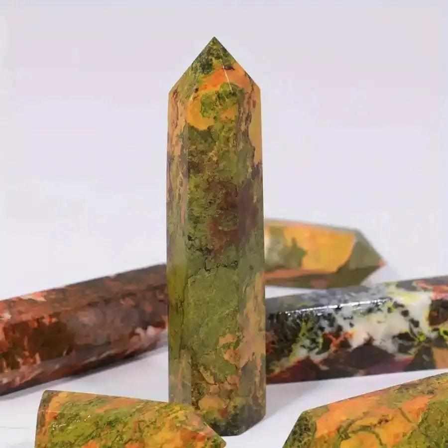 Polished Realgar Crystal Tower in vibrant orange-red and green, a bold display piece for Sacral and Solar Plexus chakra work.