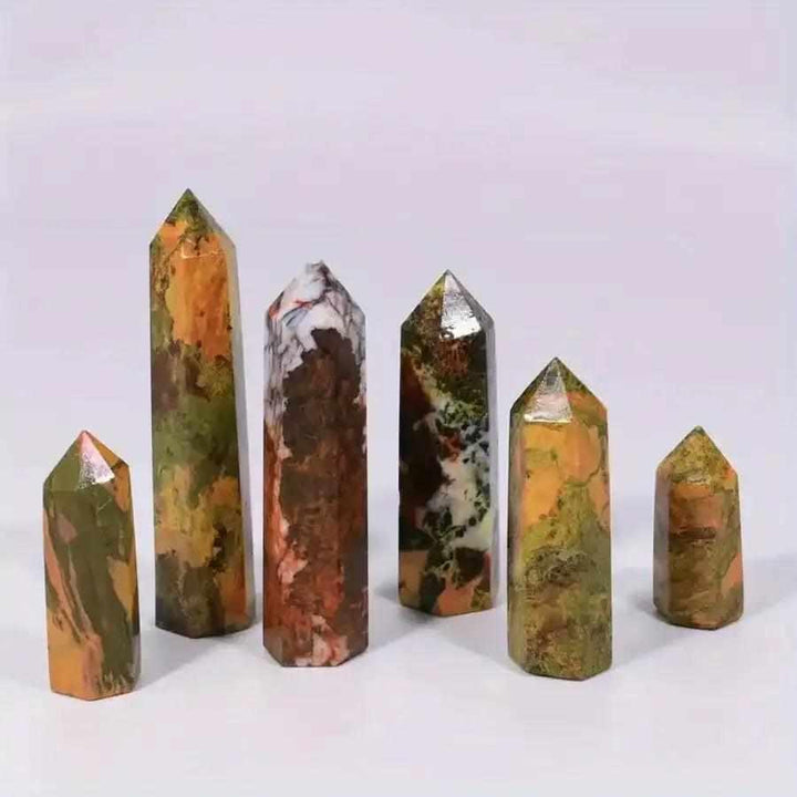 Polished Realgar Crystal Tower points in vibrant orange-red, perfect for sacral chakra energy and bold display.