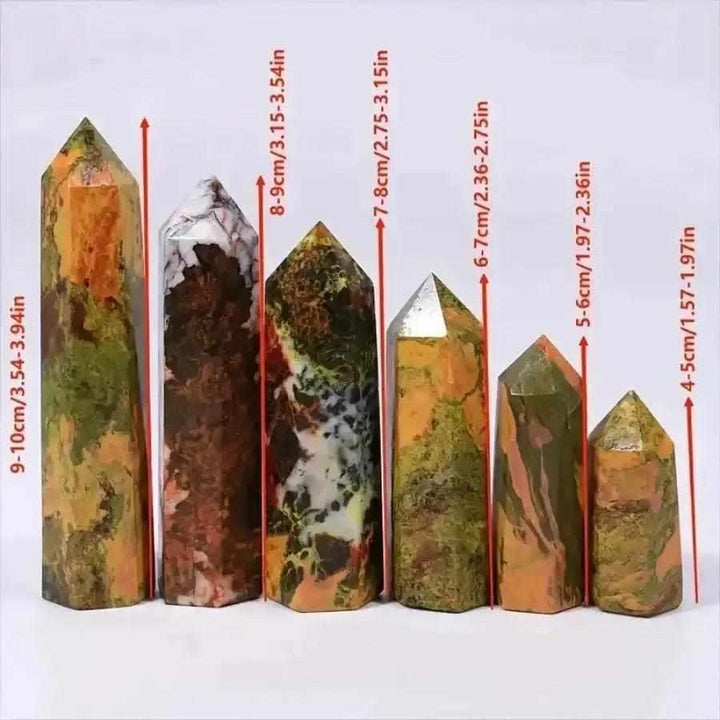 Polished Realgar crystal towers in various sizes, featuring vibrant orange-red hues for Sacral and Solar Plexus chakra work.