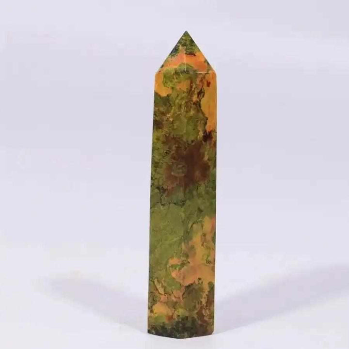 Polished Realgar Crystal Tower in vibrant orange-red, a striking display piece for sacral chakra energy and transformation.