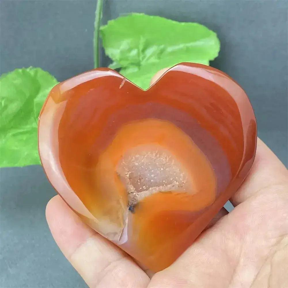 Natural Red Agate Heart Geode with sparkling druzy crystals, offering grounding and emotional balance.