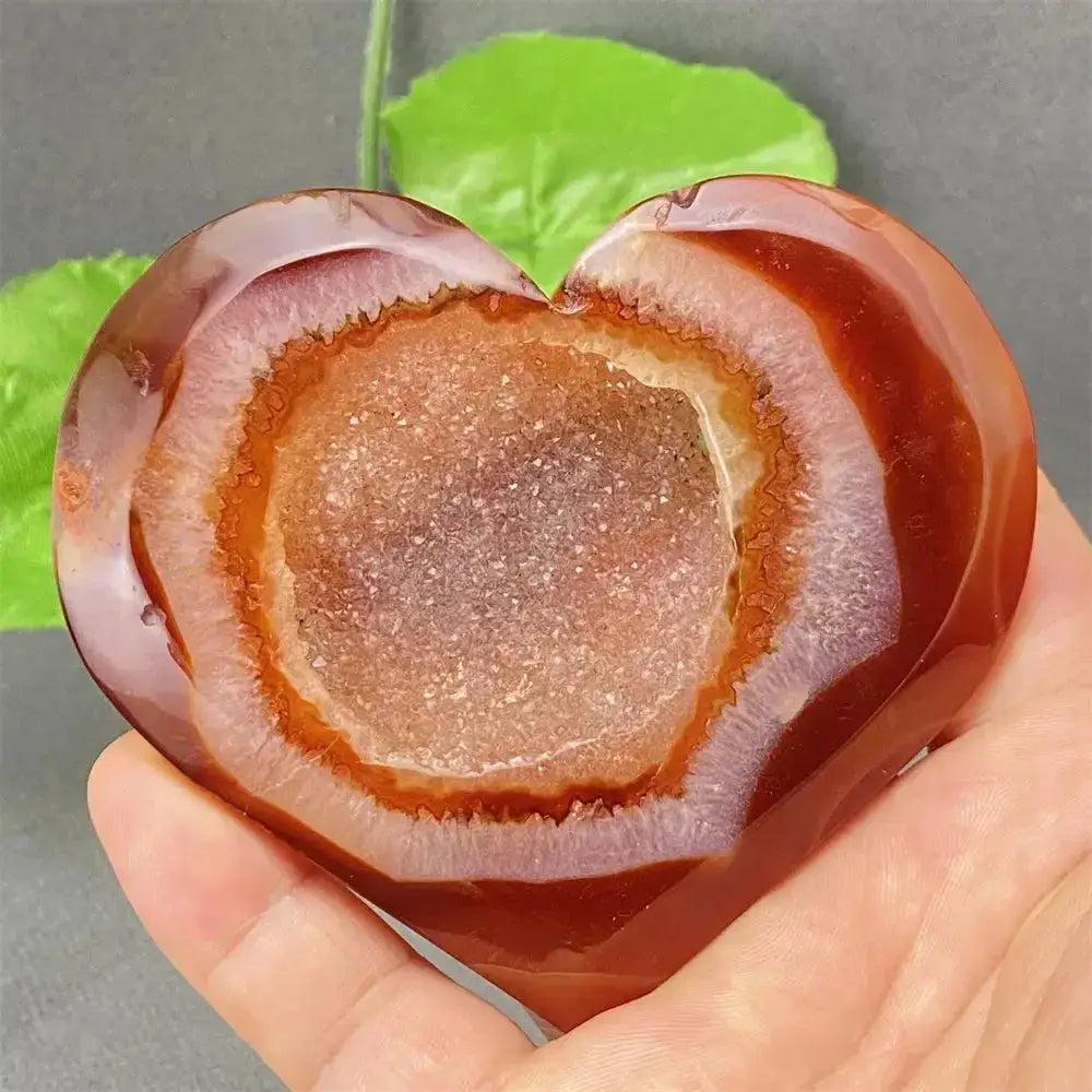 Natural Red Agate Heart Geode with sparkling druzy crystals, offering grounding energy and emotional balance.