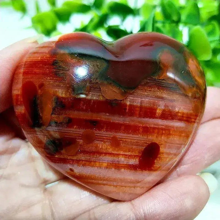 Polished Red Agate Heart, a Root Chakra grounding vitality stone, with rich red tones and natural banding.
