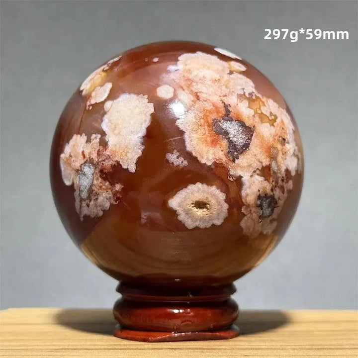 Red Cherry Blossom Agate Sphere with Base | 46mm-62mm