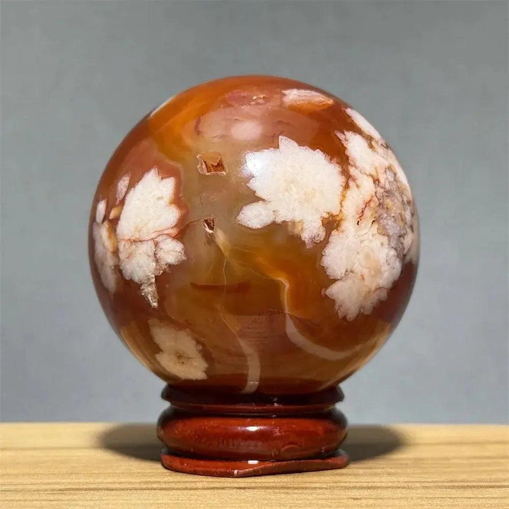 Red Cherry Blossom Agate Sphere with Base | 46mm-62mm