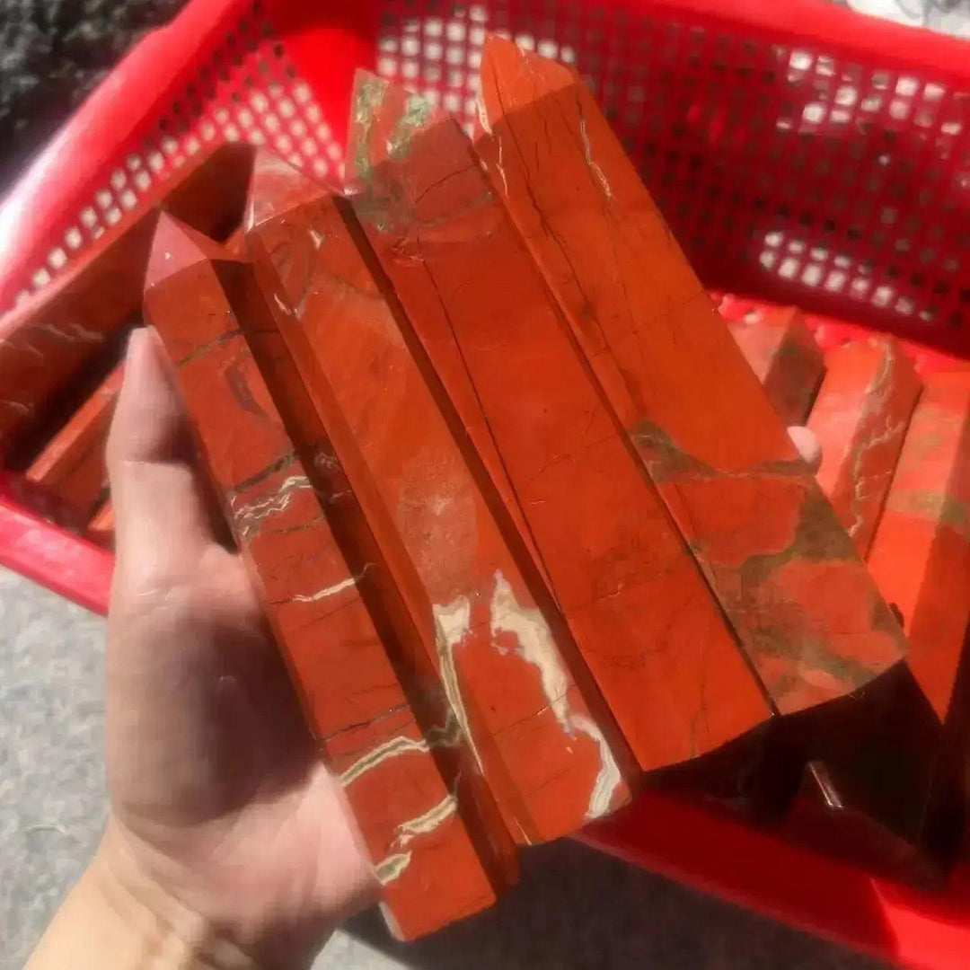 Red Jasper Crystal Destiny tall towers, 150-160mm, with earthy red tones and white veins, for grounding.