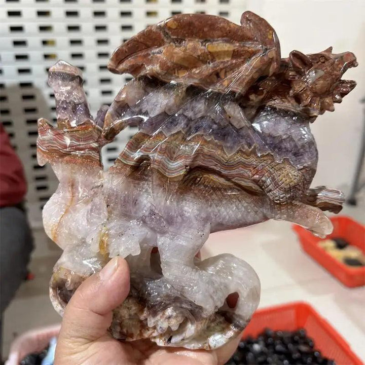 Red Mexican Agate Crystal Carved Dragon Statue