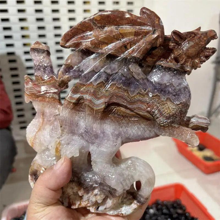 Red Mexican Agate Crystal Carved Dragon Statue