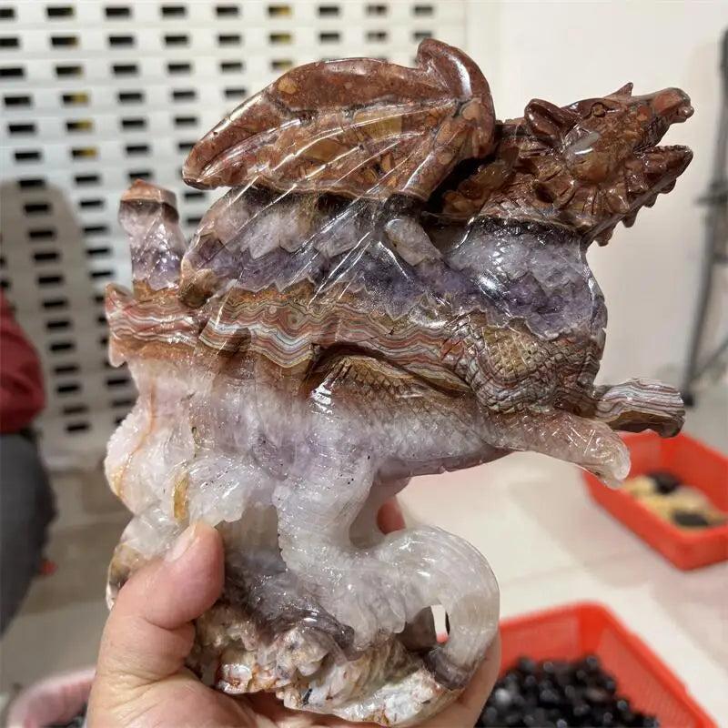 Red Mexican Agate Crystal Carved Dragon Statue