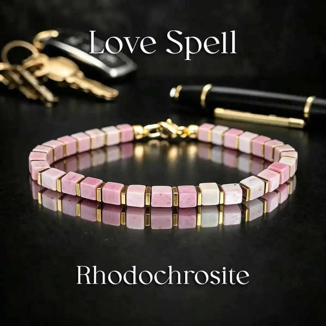 Rhodochrosite square bead bracelet with gold-tone spacers, a heart chakra crystal for compassion in soft pink tones.