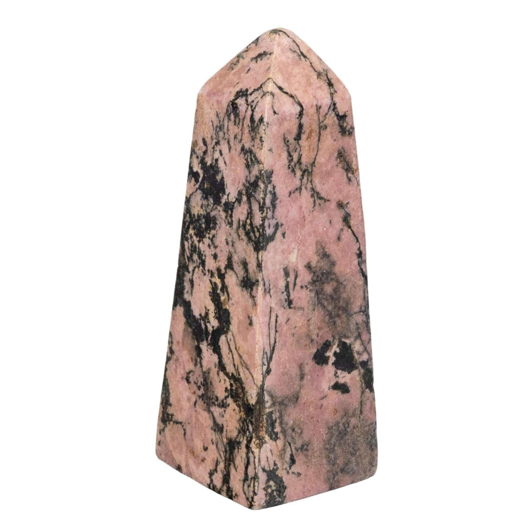 Hand-polished Rhodonite Tower with deep pink and rose-red hues, accented by striking black manganese oxide veining.