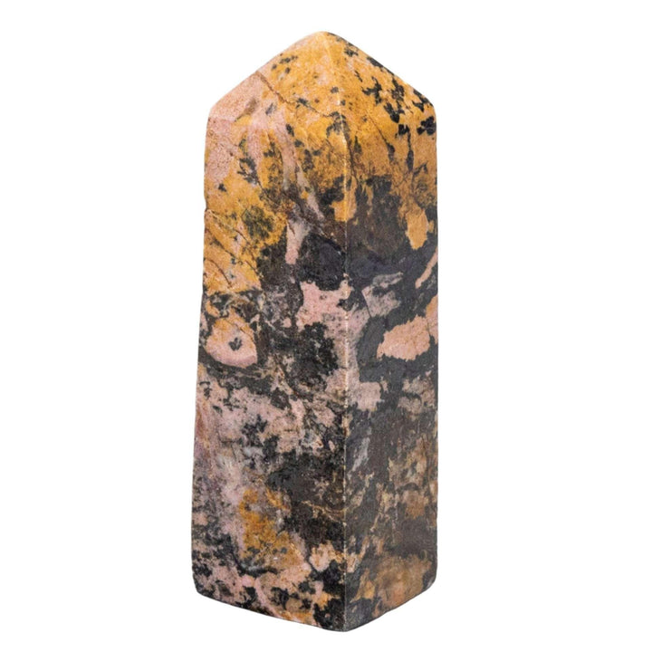 Hand-polished Rhodonite Tower with deep pink, rose-red, and black manganese oxide veining, directing heart-healing energy.