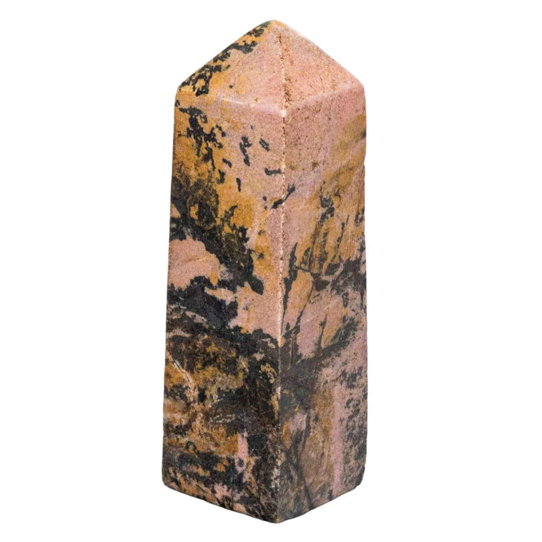 Hand-polished Rhodonite Tower with deep pink and rose-red hues, accented by striking black manganese oxide veining.
