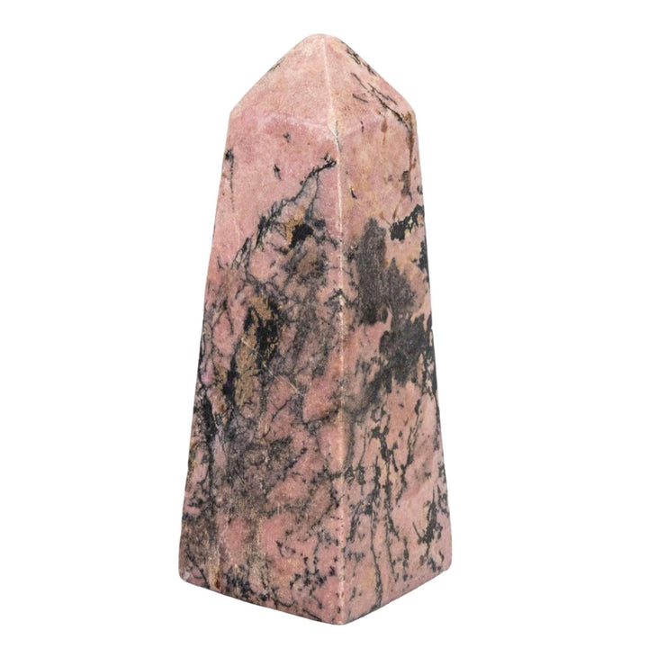 Hand-polished Rhodonite Tower with deep pink and rose-red hues, featuring striking black manganese oxide veining.