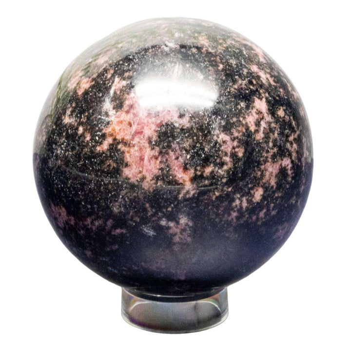 Polished Rhodonite Sphere, deep rose pink with black manganese veins, for emotional healing.