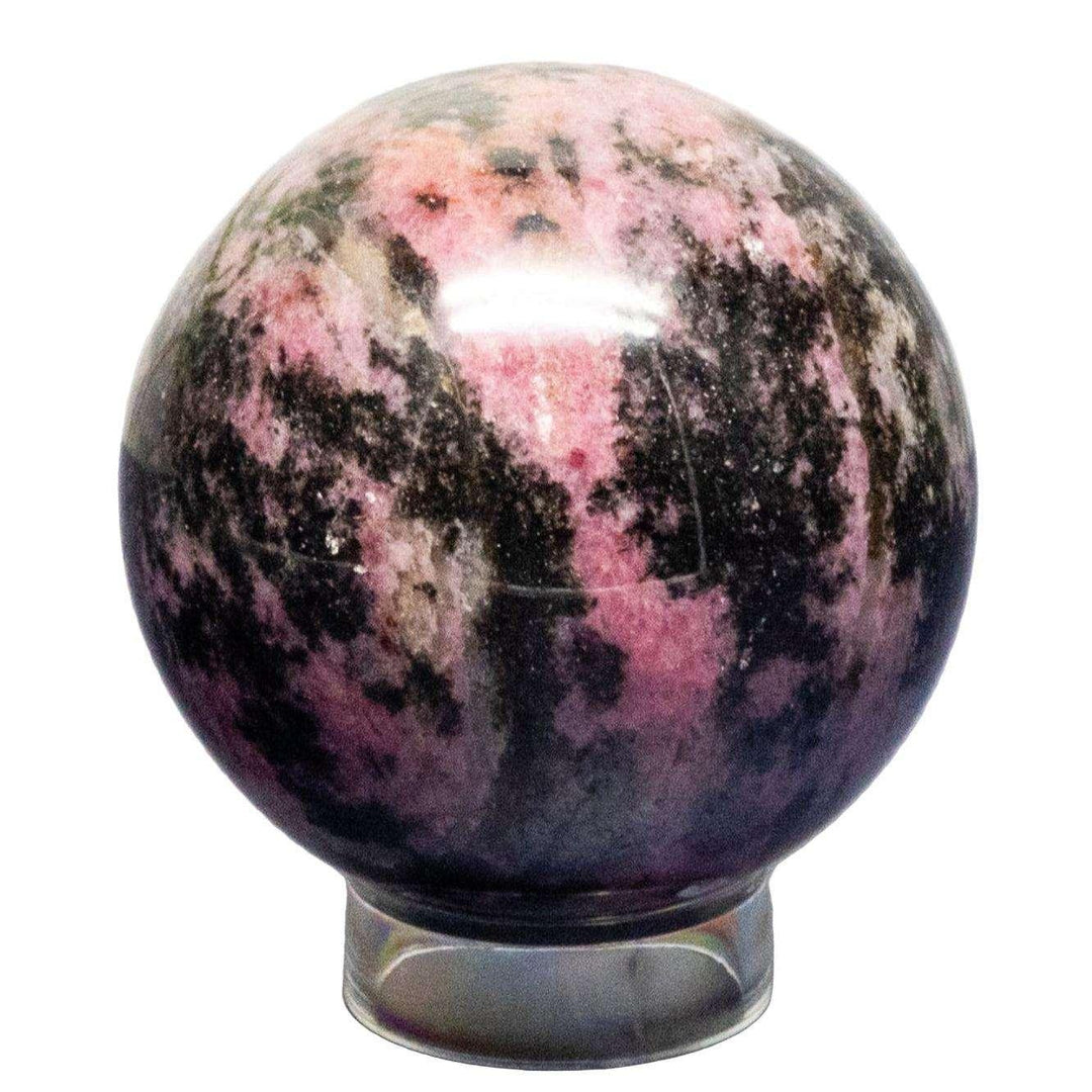 Polished Rhodonite Sphere, deep rose pink with black manganese veins, for emotional healing.