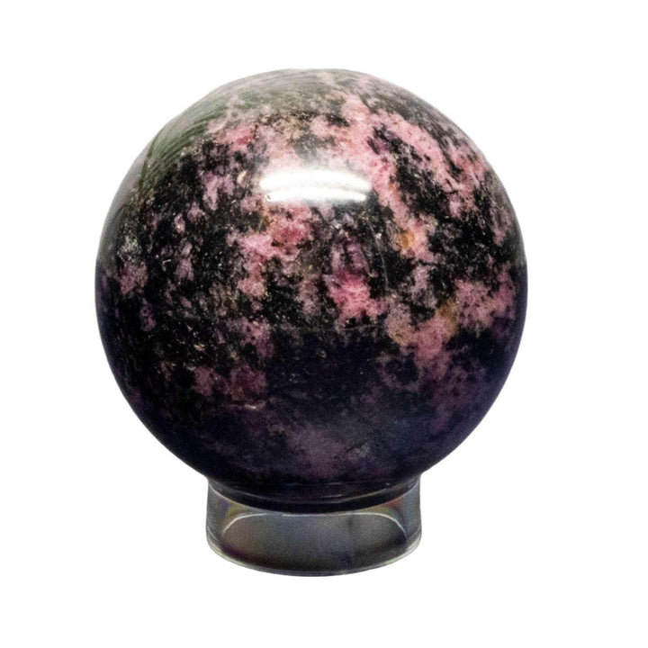 Polished Rhodonite Sphere, deep rose pink with black manganese veins, perfect for emotional healing.