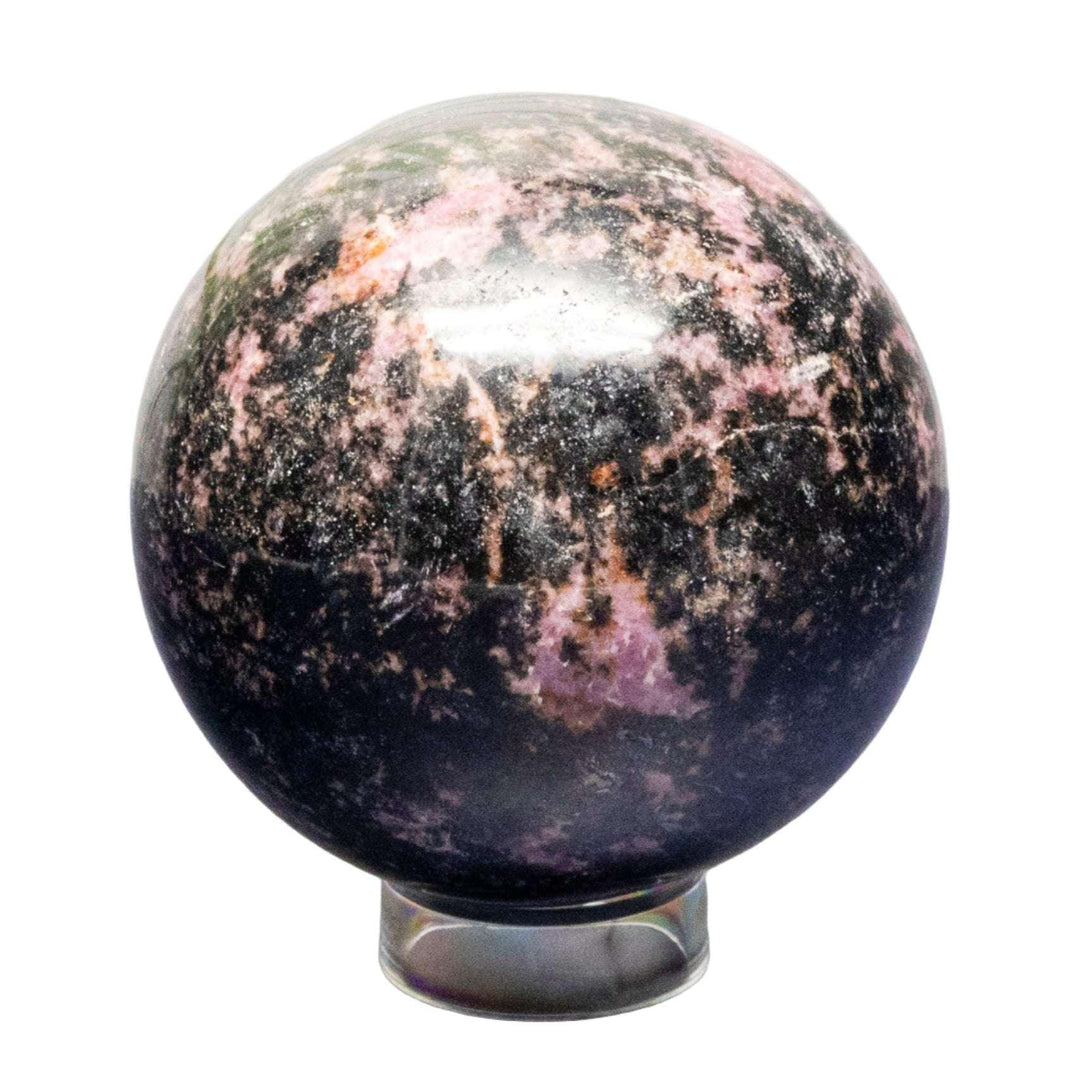 Polished Rhodonite Sphere (62-83mm) with deep rose pink and black manganese patterns, ideal for emotional healing.