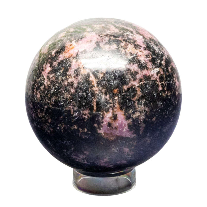 Polished Rhodonite Sphere (62-83mm) with deep rose pink and black manganese patterns, ideal for emotional healing.