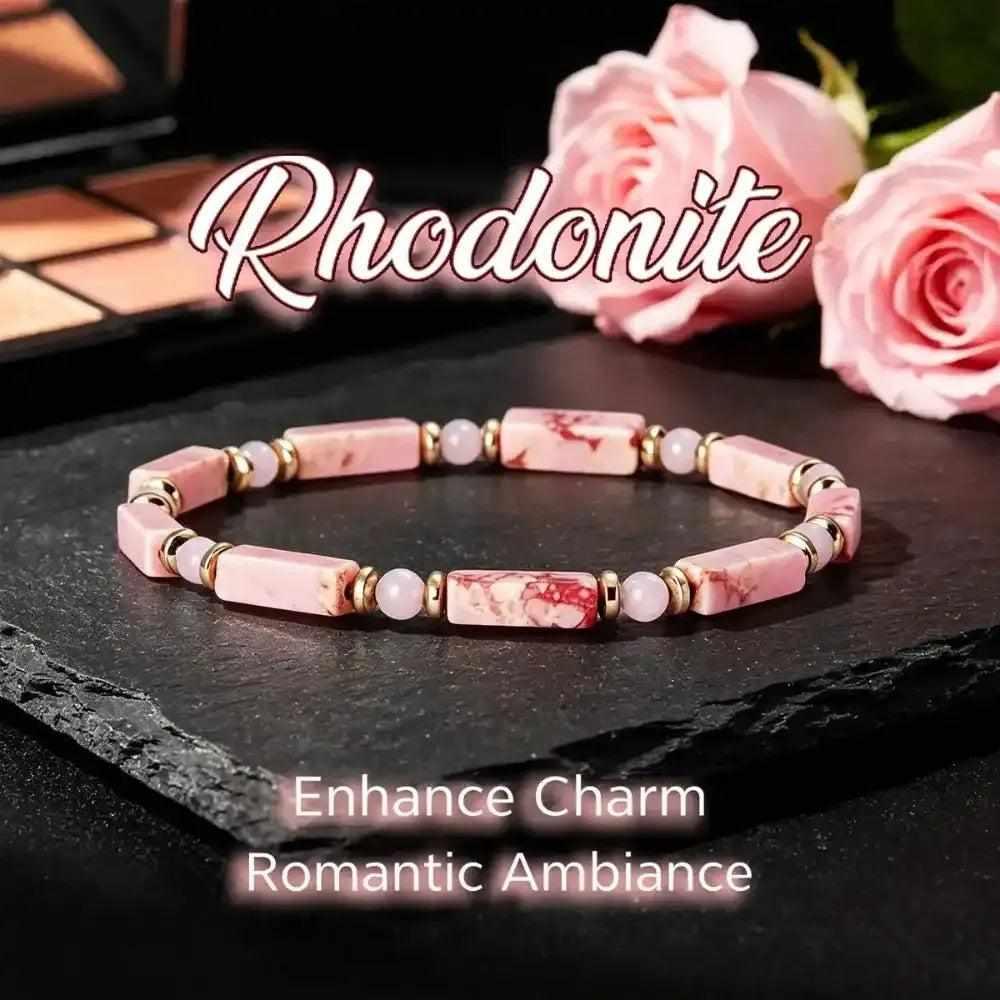 Rhodonite and Rose Quartz stretch bracelet featuring pink rectangular beads, round stones, and gold-tone spacers.