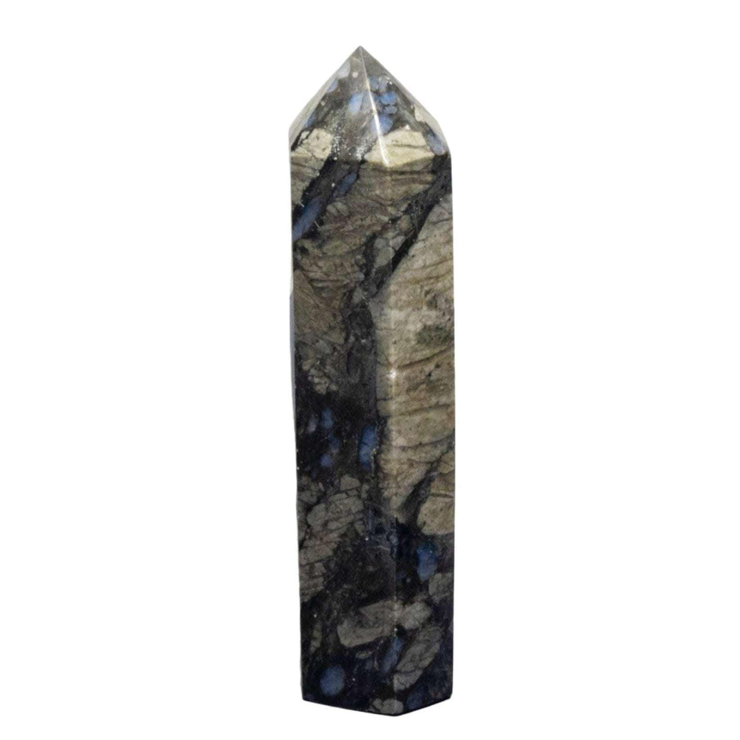 Rhyolite Tower 4 Inch: Hand-polished volcanic rock with sweeping blue, brown, grey, and cream banded patterns.