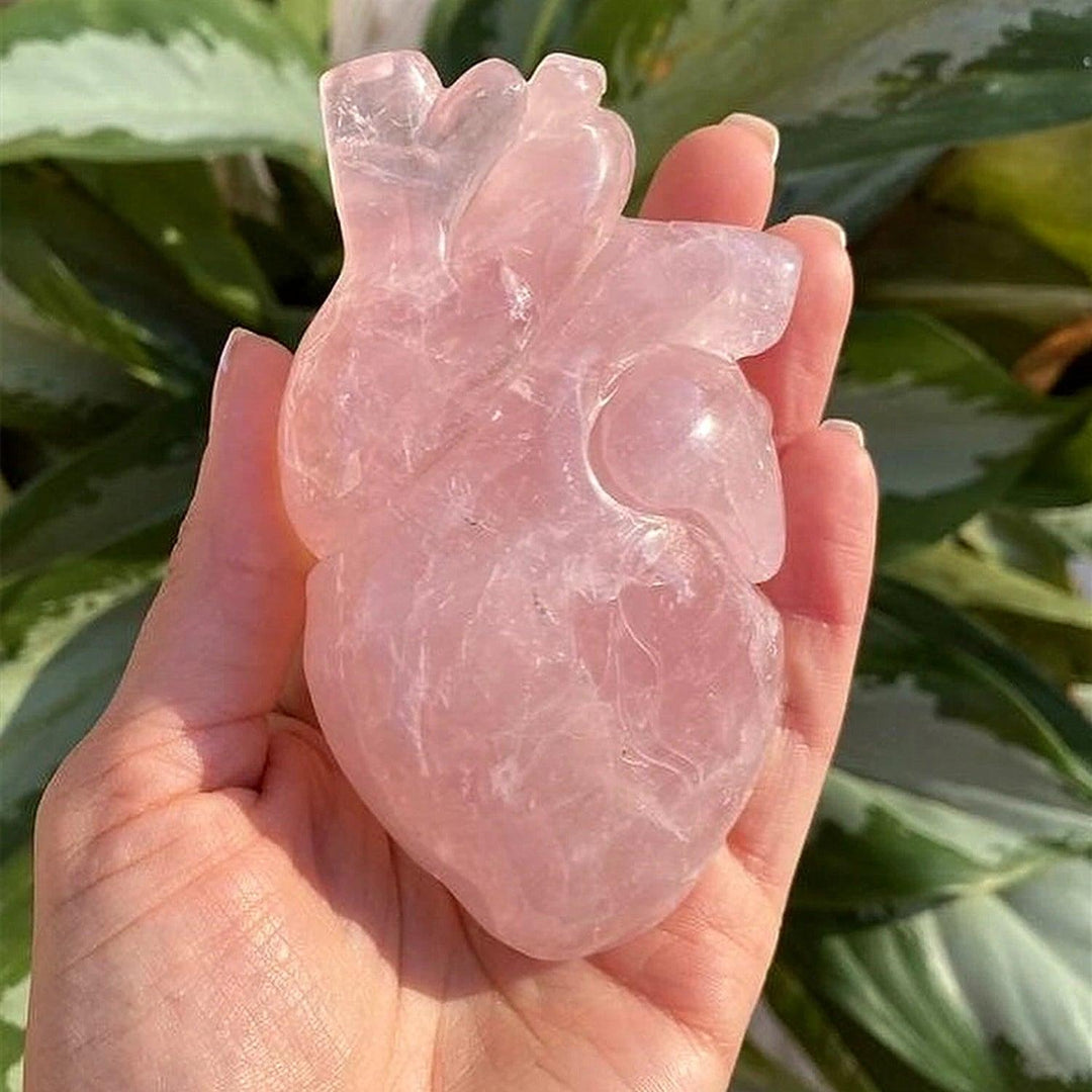 Rose Quartz Crystal Carved Anatomical Heart Sculpture, a translucent pink crystal heart for love and healing.