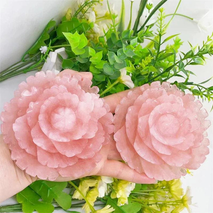 Two substantial 100MM rose quartz crystal carved peony flowers, radiating soft pink hues and healing energy.