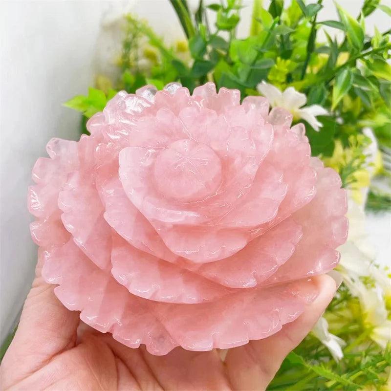 Rose Quartz Crystal Carved Peony Flower, 100MM, radiating soft pink hues for love, healing, and peace.