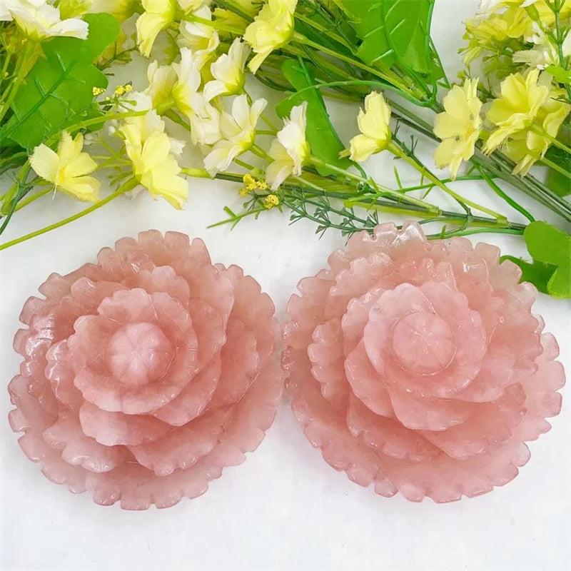 Two substantial 100MM Rose Quartz Crystal Carved Peony Flowers, radiating soft pink healing energy.