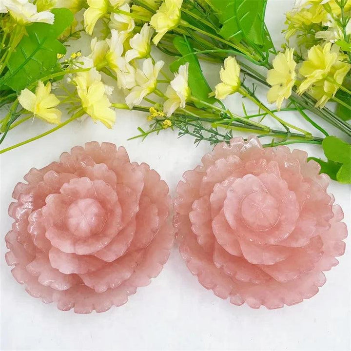 Two substantial 100MM Rose Quartz Crystal Carved Peony Flowers, radiating soft pink healing energy.