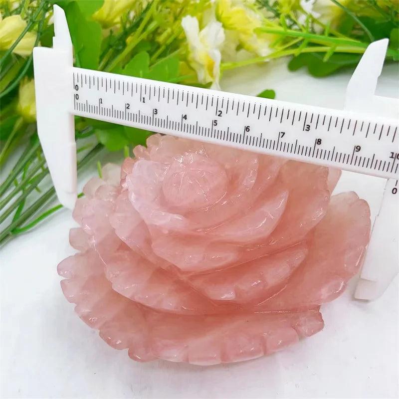 Generous 100MM Rose Quartz Crystal Carved Peony Flower, soft pink, hand-polished for love and healing.