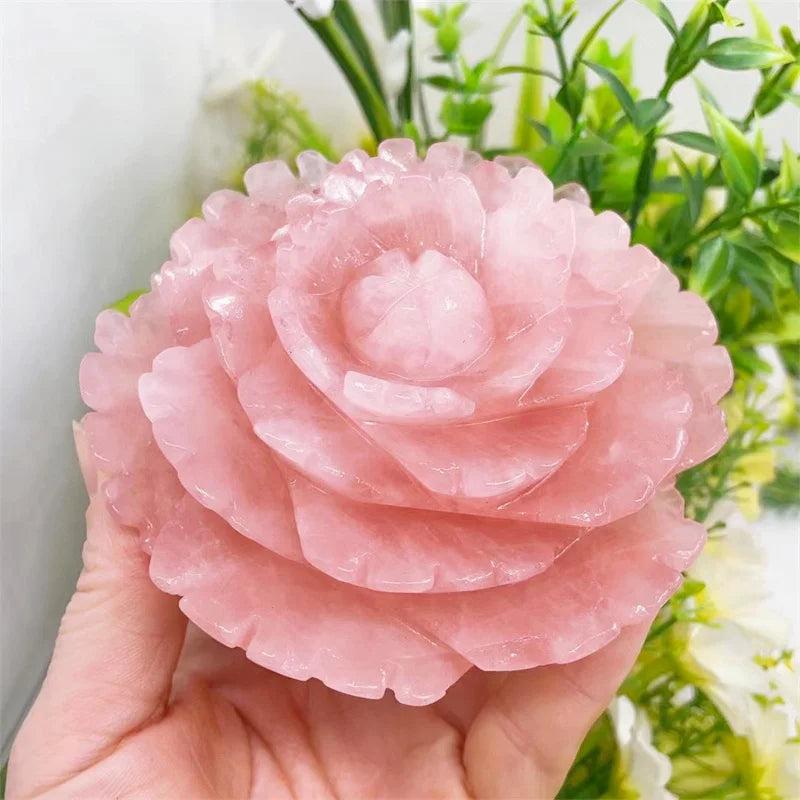 Rose Quartz Crystal Carved Peony Flower, 100MM, radiating soft pink hues for love, healing, and peace.