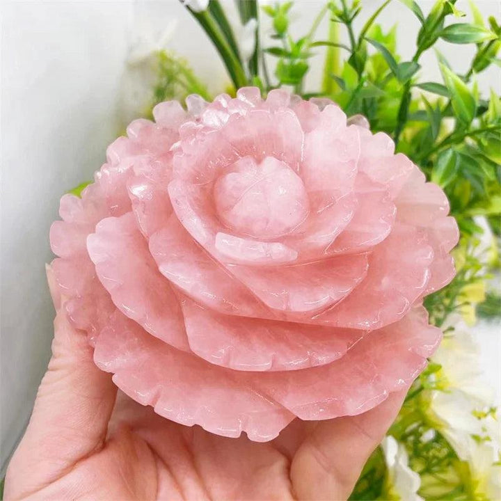 Rose Quartz Crystal Carved Peony Flower, 100MM, radiating soft pink hues for love, healing, and peace.