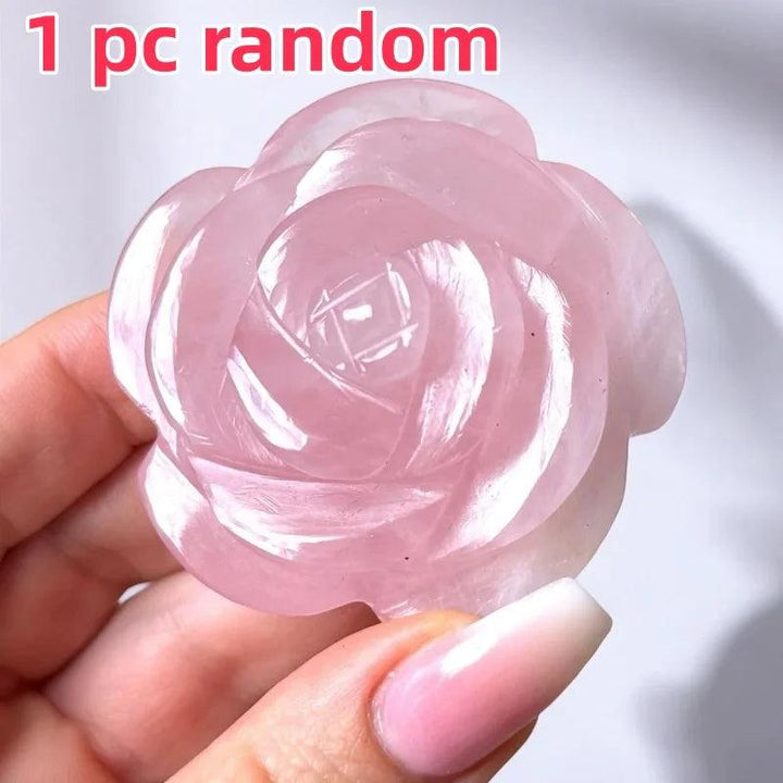 Hand-carved Rose Quartz Peony Flower Sculpture, radiating gentle pink hues and heart-opening energy.