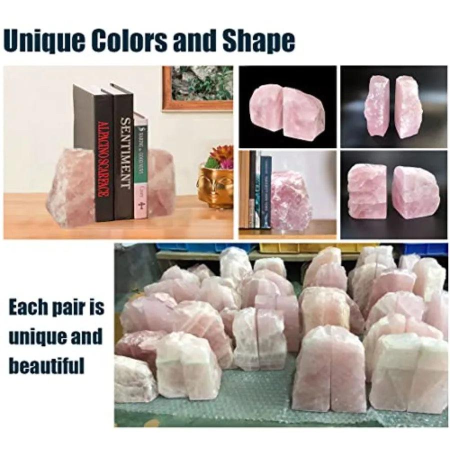 Natural Rose Quartz Crystal Bookend Pair, soft blush tones, raw edges, unique shapes for love and tranquility.