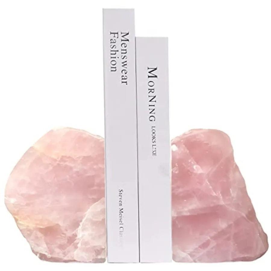 Rose Quartz Crystal Natural Bookend Pair. Soft blush tones, raw edges, and crystalline surface for love and tranquility.