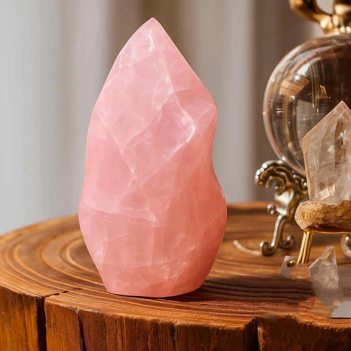 Polished rose quartz crystal torch tower, soft pink, with a flowing point and stable flat base, on wood.