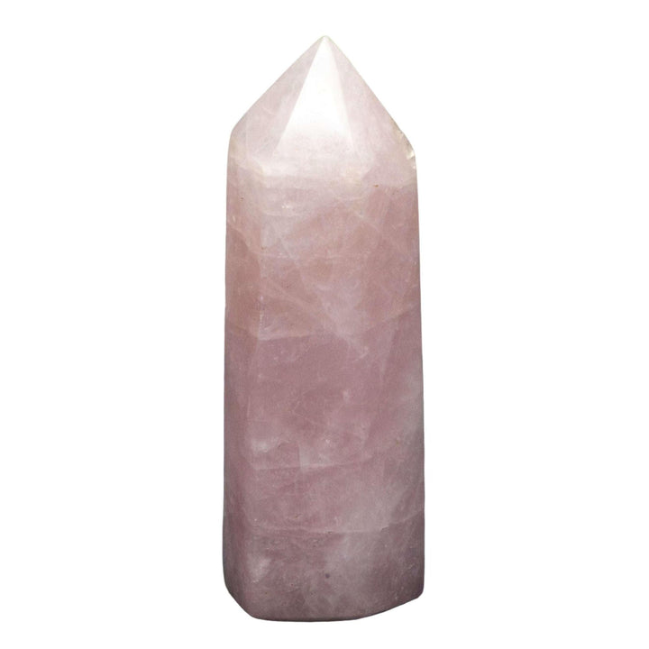 Rose Quartz Tower, a gentle pink crystal with a pointed form, channeling self-love and heart healing energy.