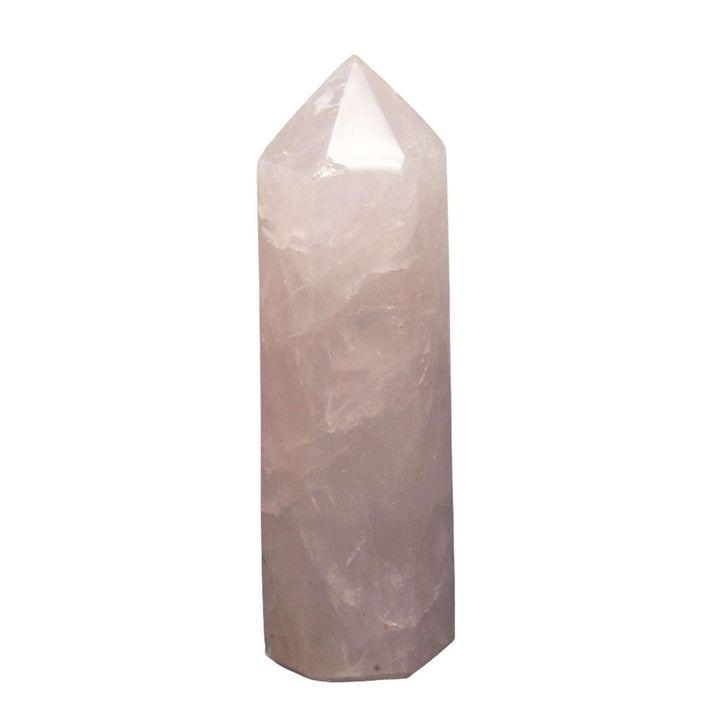 Gentle, pale pink Rose Quartz Tower, a pointed crystal for self-love and heart healing.