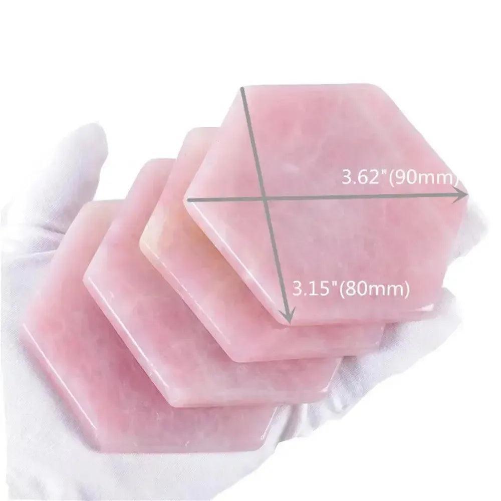 Polished Rose Quartz hexagon coasters by Crystal Destiny, showing soft pink hues and size measurements.